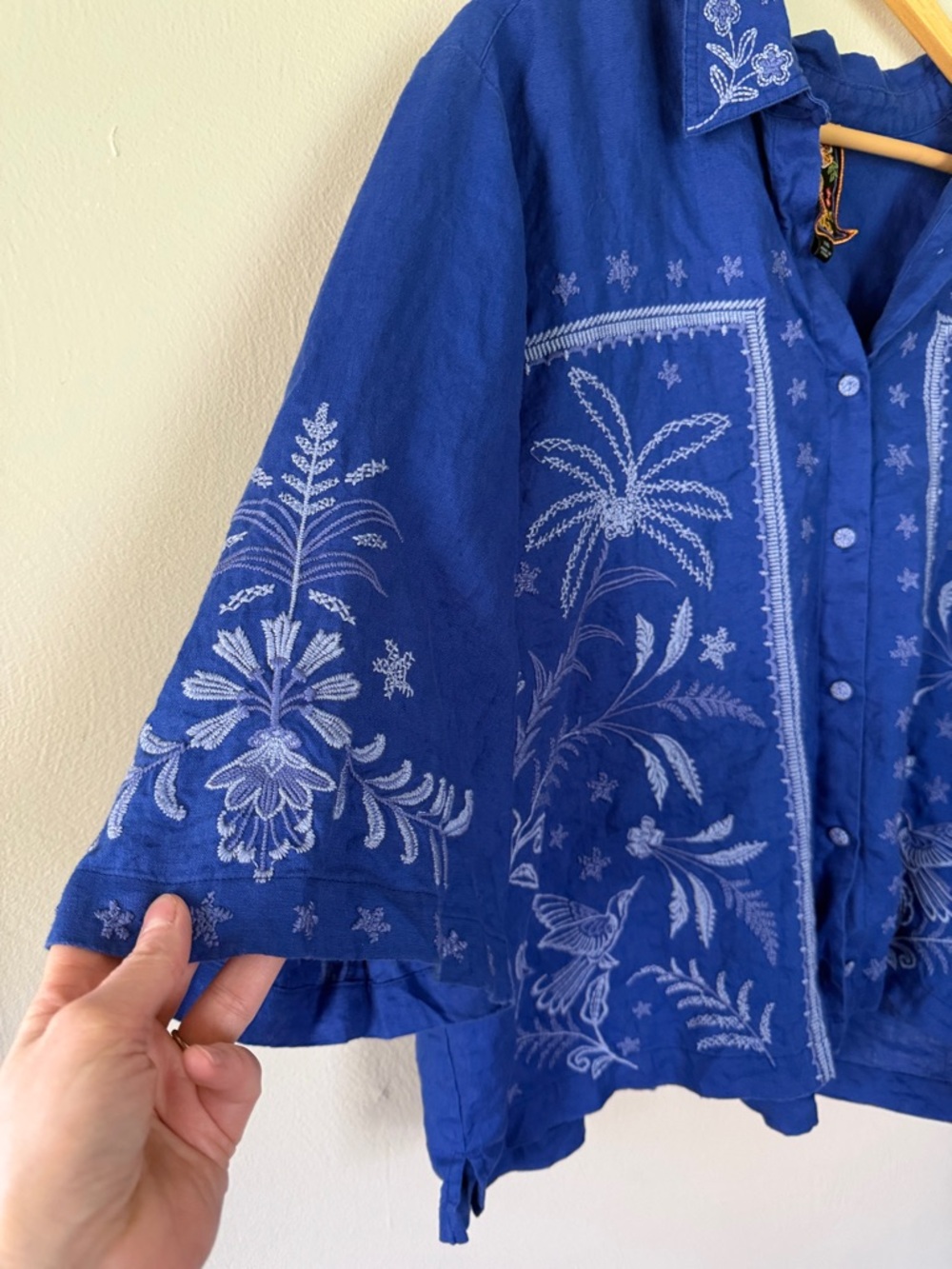 Johnny Was Blue linen Komono Sleeve Embroidered Paisley Collar Shirt XXL - Picture 4 of 9